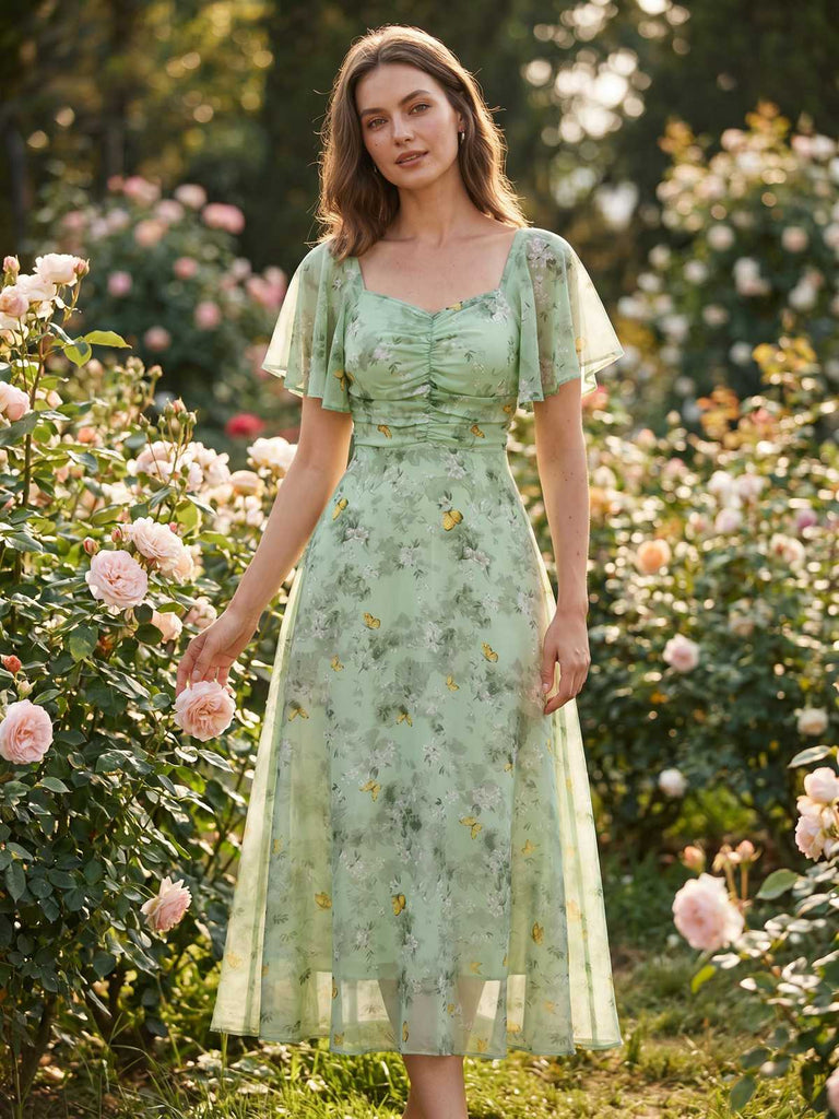 Robe Verte mousseline à manches papillon années 1930