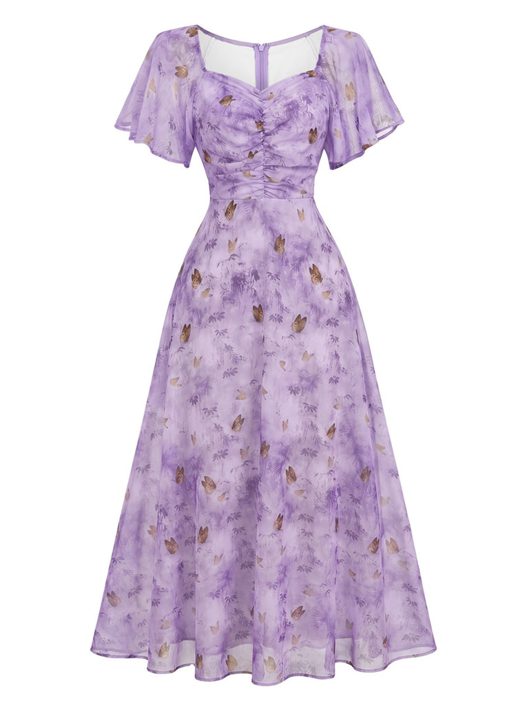 Robe bleu mousseline à manches papillon années 1930