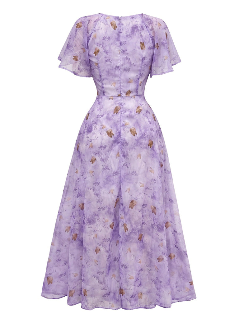 Robe bleu mousseline à manches papillon années 1930