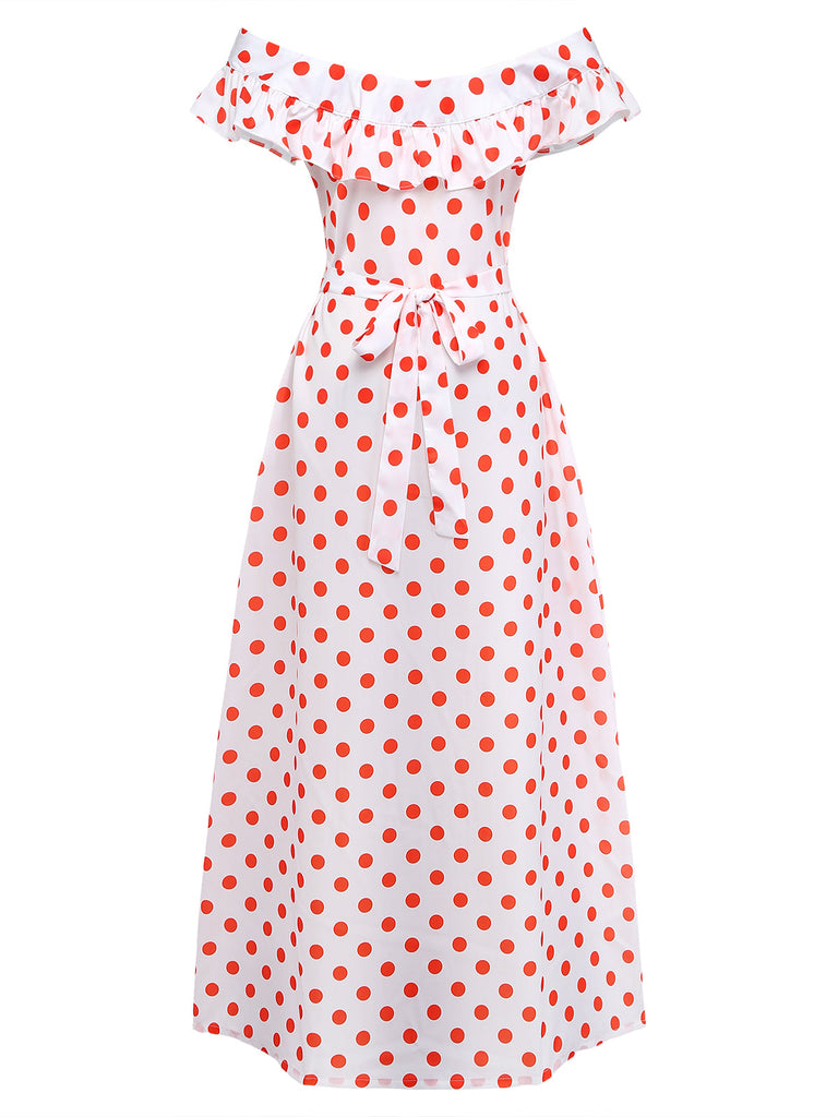 Robe Longue Blanche à Pois Rouges Épaules Dénudées à Volants Années '30 3