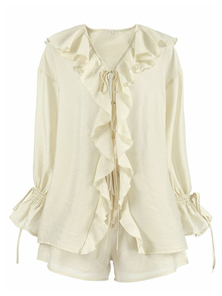 2PCS Beige Volant à Lacets Cardigan & Short Set Années 1940 2