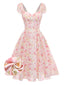 Robe rose floral décolleté cœur avec nœud années 50