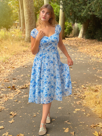 Robe Swing Manches Bouffantes Fleurs Bleu Années 1950