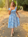 Robe Swing Manches Bouffantes Fleurs Bleu Années 1950