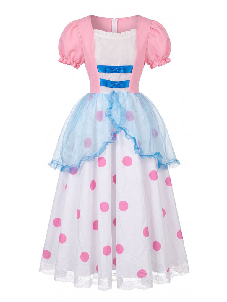 Robe Rose Cosplay Bo Peep à Pois Manches Bouffantes Années 40