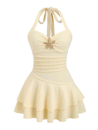 Mini Robe Jaune Halter à Étages avec Étoile de Mer en Métal Années '60 2
