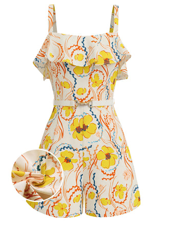 [Prévente] Jaune Floral Volant Bretelles Fines Combishort Années 1940