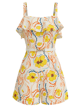 [Prévente] Jaune Floral Volant Bretelles Fines Combishort Années 1940 2