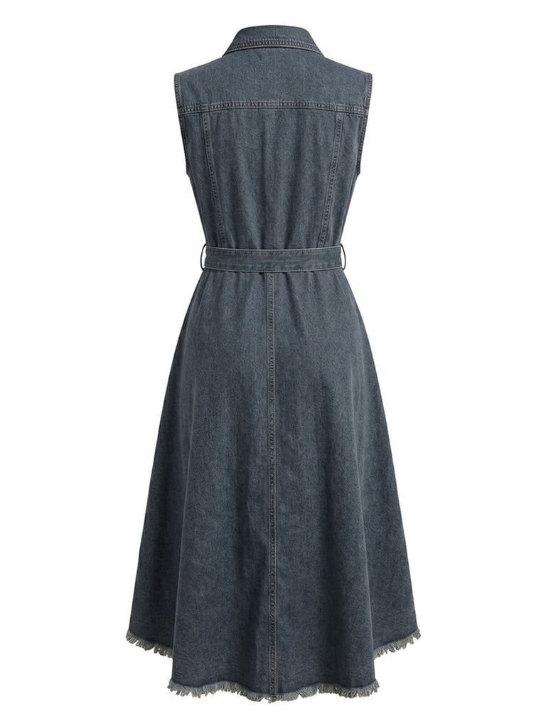 Robe Bleu Sans Manches Ourlet Asymétrique Années 1950