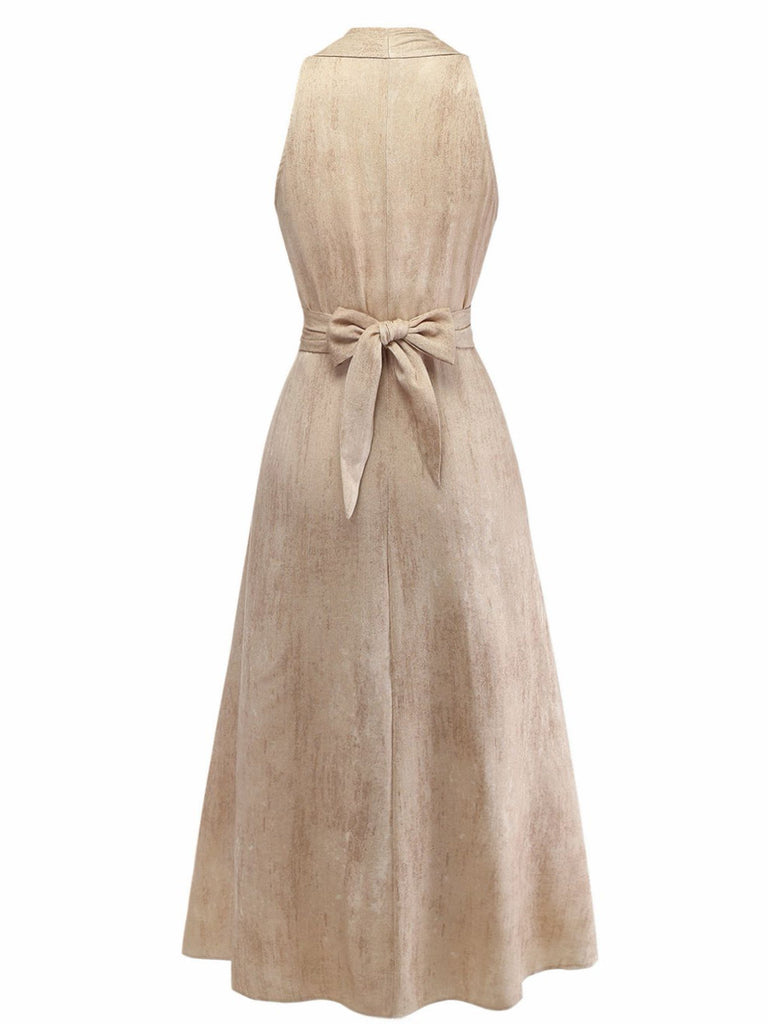 Abricot Linen Col V Sans Manches Ceinturé Robe Longue Années 1940 4