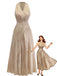 Abricot Linen Col V Sans Manches Ceinturé Robe Longue Années 1940