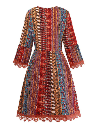 Multicolore Bohème Col V à Volants Étagés Sleeve Robe Années 1970 2