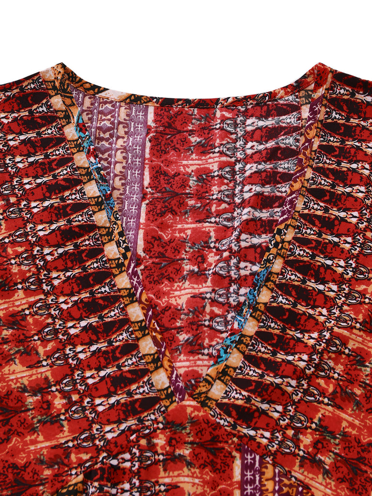 Multicolore Bohème Col V à Volants Étagés Sleeve Robe Années 1970 5