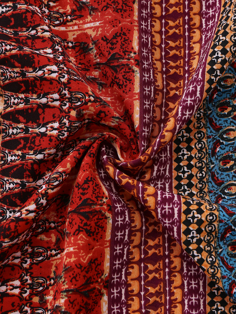 Multicolore Bohème Col V à Volants Étagés Sleeve Robe Années 1970 6