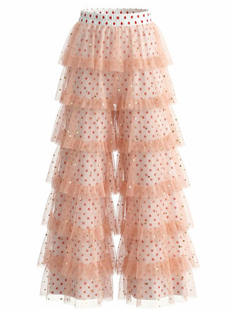 Rose à Pois Tulle à Volants Étagés Volant Pantalon Années 1970
