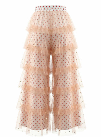 Rose à Pois Tulle à Volants Étagés Volant Pantalon Années 1970 2