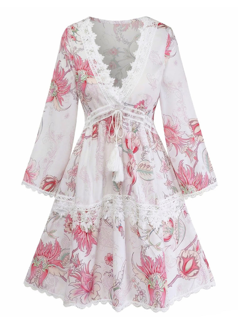 Rose Floral Découpé Imprimé Col V Dentelle Robe Années 1960