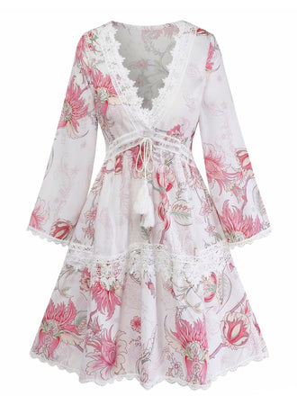 Rose Floral Découpé Imprimé Col V Dentelle Robe Années 1960