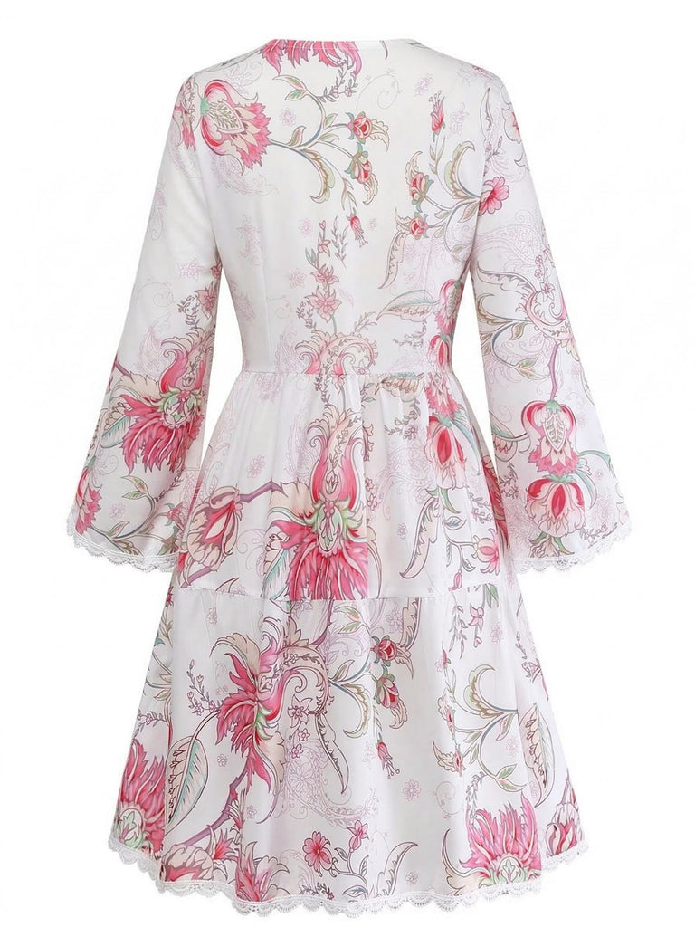 Rose Floral Découpé Imprimé Col V Dentelle Robe Années 1960 2