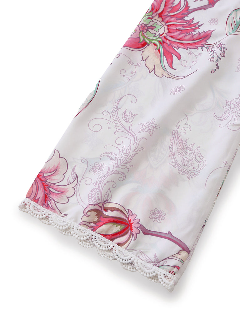 Rose Floral Découpé Imprimé Col V Dentelle Robe Années 1960 3