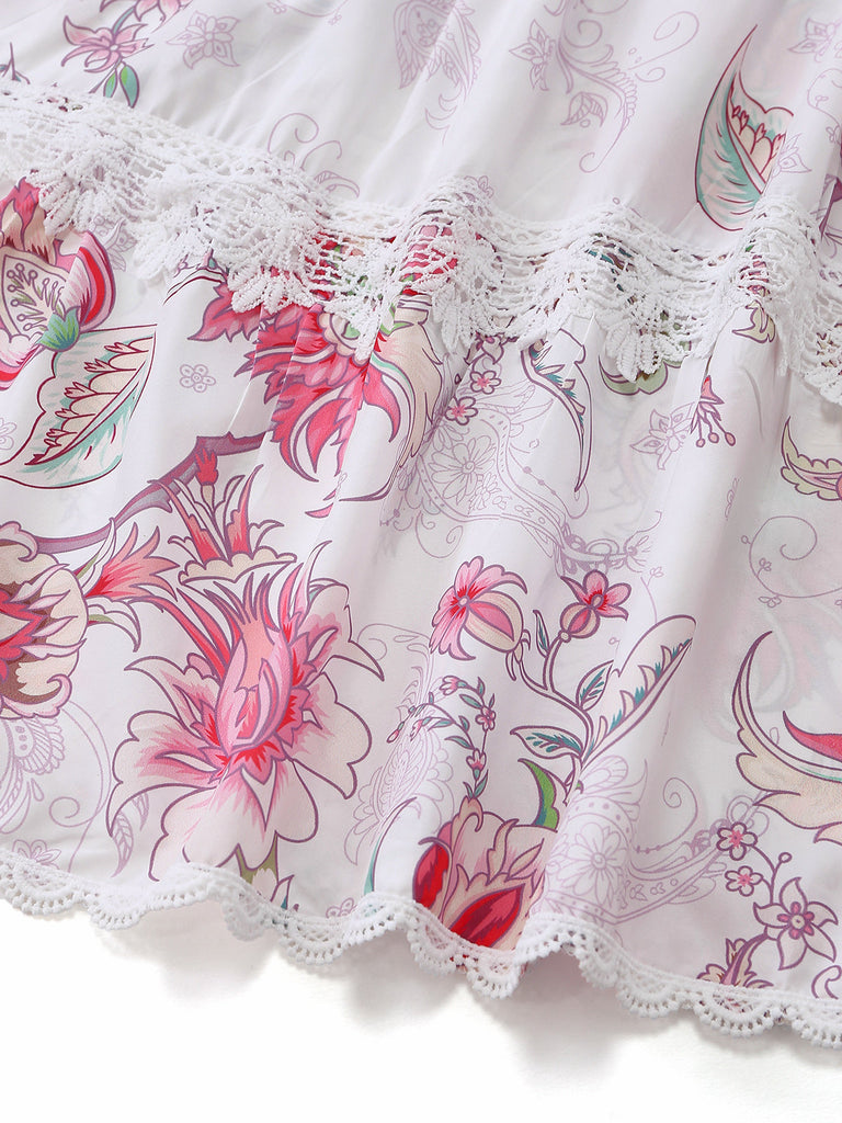 Rose Floral Découpé Imprimé Col V Dentelle Robe Années 1960 5