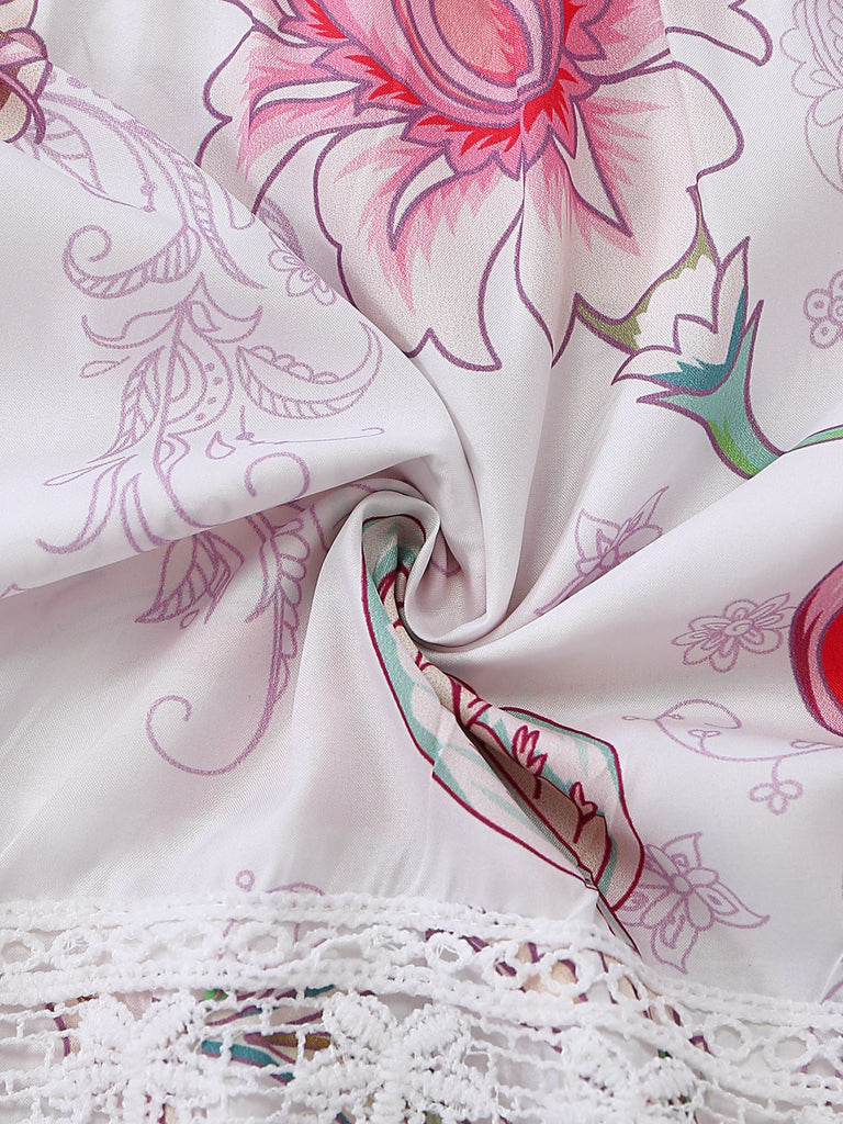 Rose Floral Découpé Imprimé Col V Dentelle Robe Années 1960 6