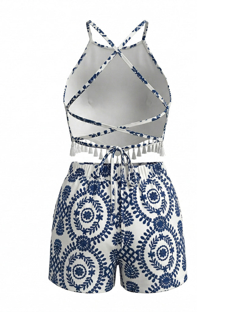 Ensemble 2 Pièces 2PCS Floral Halter Tassel Crop & Shorts Années 1970 4