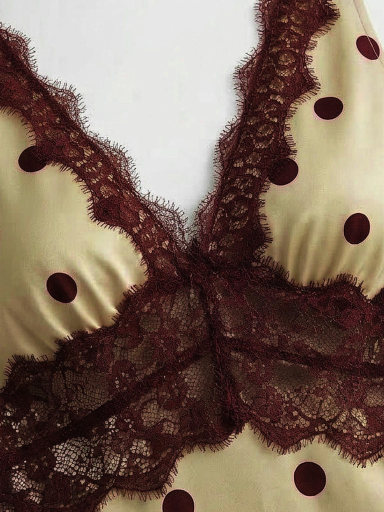 Kaki Col V à Pois Dentelle-Bordure Sans Manches Robe Années 1930 7