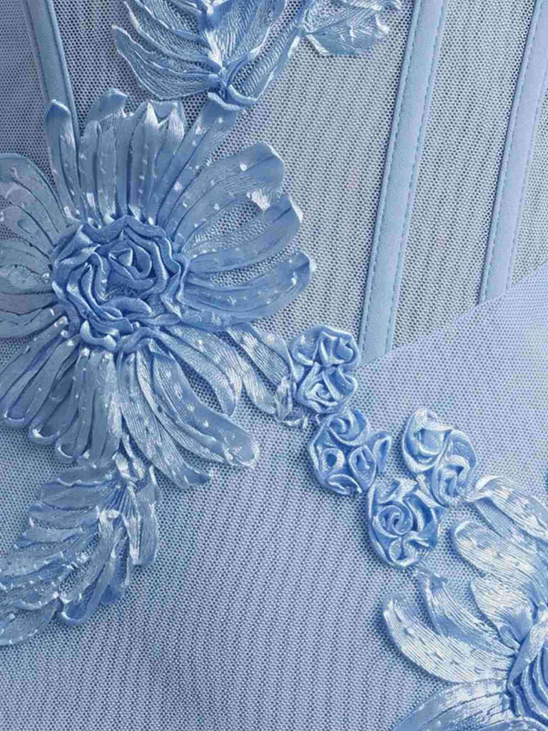 Robe sirène maxi fines bretelles et imprimé floral 3D années 1930