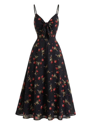 [Prévente] Robe nuisette noire bohème à fleurs col V années 1930