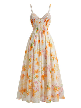 [Prévente] Robe nuisette bohème jaune à fleurs col V années 1930
