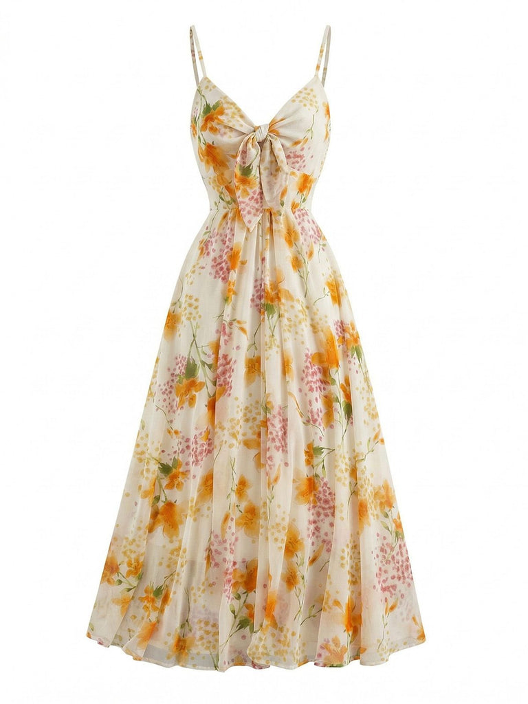 Robe Bohème à Bretelles Col V Florale Jaune Années 1930
