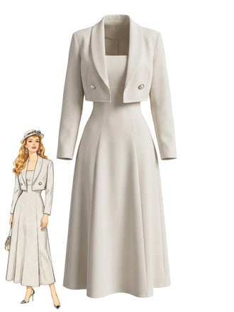 2PCS Robe Midi en A Ivoire avec Veste Blazer Années 1950