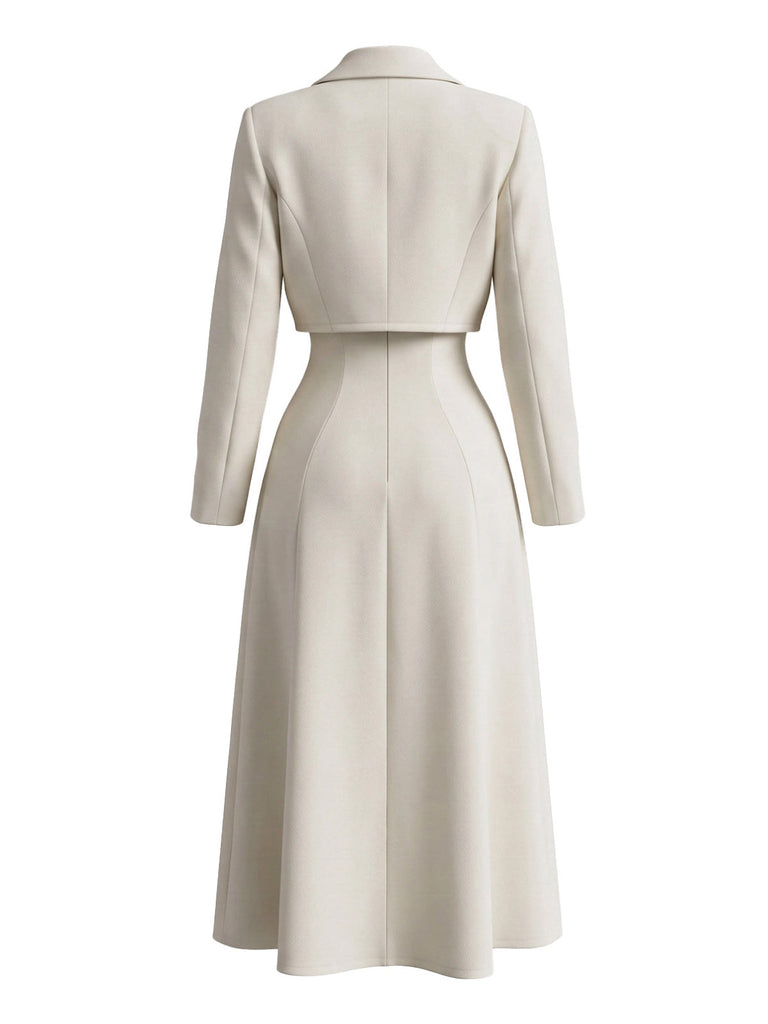 2PCS Robe Midi en A Ivoire avec Veste Blazer Années 1950 3