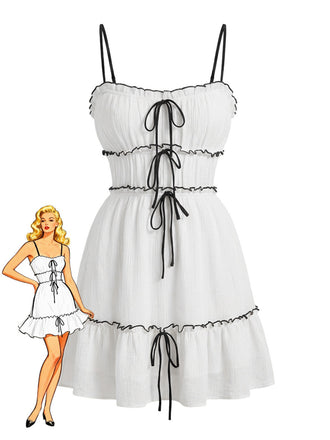 Mini Robe Blanche à Bretelles Fines et Volants Années 1960