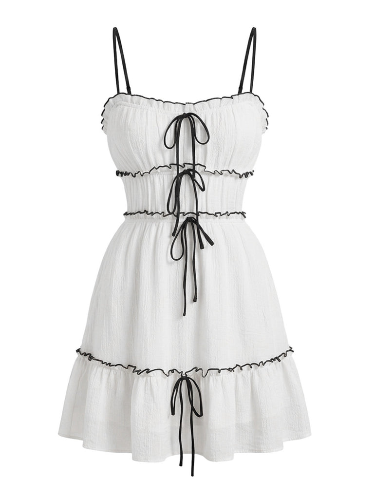 Mini Robe Blanche à Bretelles Fines et Volants Années 1960