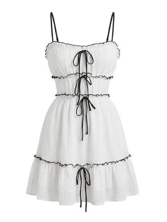 Mini Robe Blanche à Bretelles Fines et Volants Années 1960