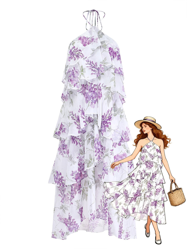 Robe Floral Halter à Volants Étagés Ruffled Lavande Années 1930