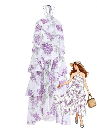 Robe Floral Halter à Volants Étagés Ruffled Lavande Années 1930
