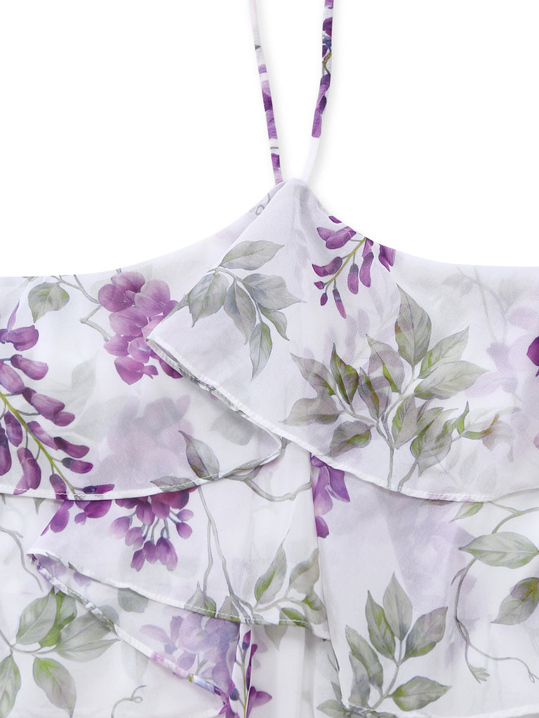 Robe Floral Halter à Volants Étagés Ruffled Lavande Années 1930 4