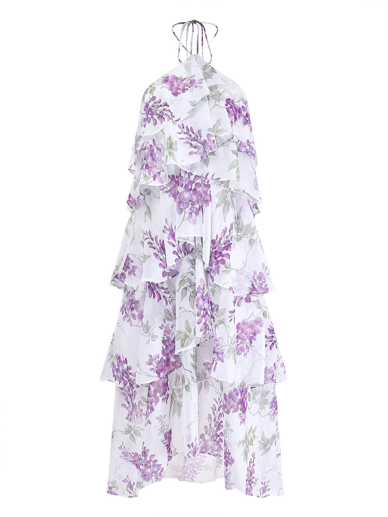 Robe Floral Halter à Volants Étagés Ruffled Lavande Années 1930 2