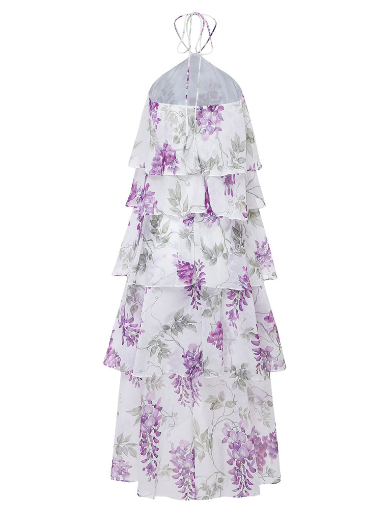 Robe Floral Halter à Volants Étagés Ruffled Lavande Années 1930 3