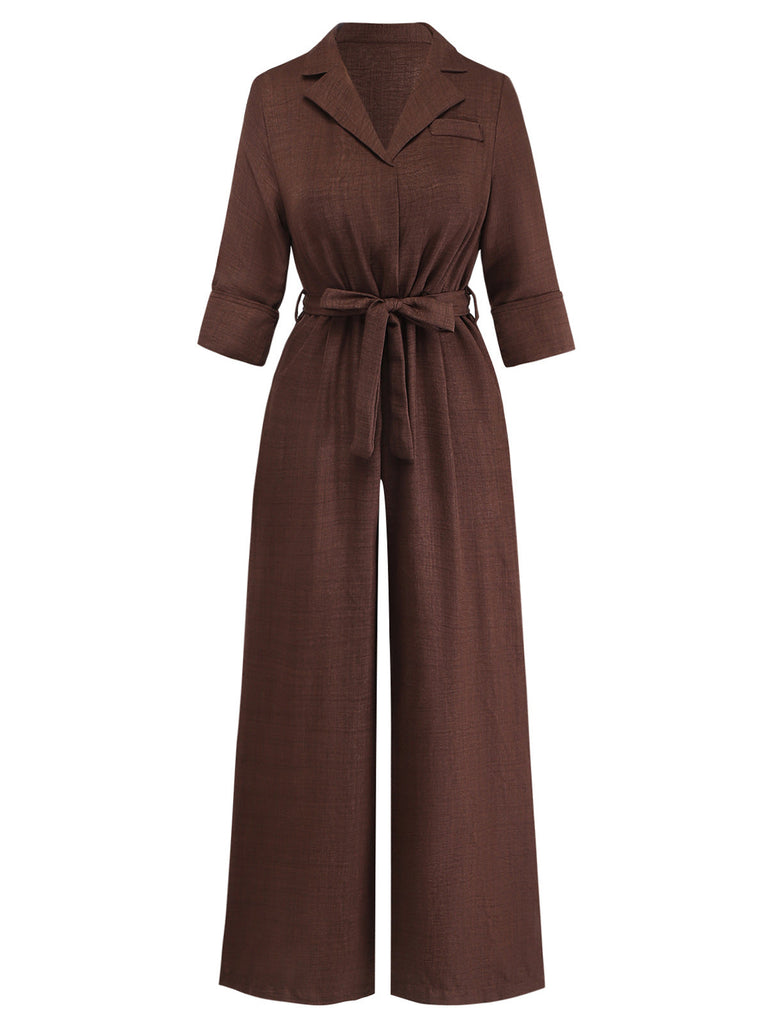 Combinaison Dark Café Revers Col Ceinturé Jambes Larges Années 1950 2