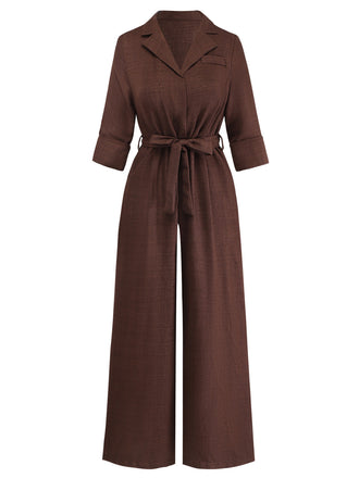 Combinaison Dark Café Revers Col Ceinturé Jambes Larges Années 1950 2