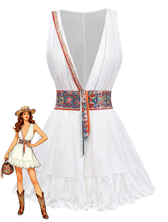 Blanc Col V Sans Manches Bohème Mini Robe Années 1970