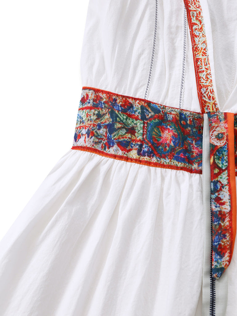 Blanc Col V Sans Manches Bohème Mini Robe Années 1970 5