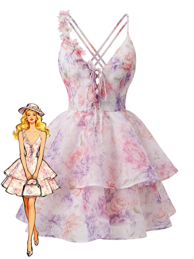 Mini Robe Rose à Décolleté Plongeant Fleurs 3D à Volants et Dos Nu Années '60
