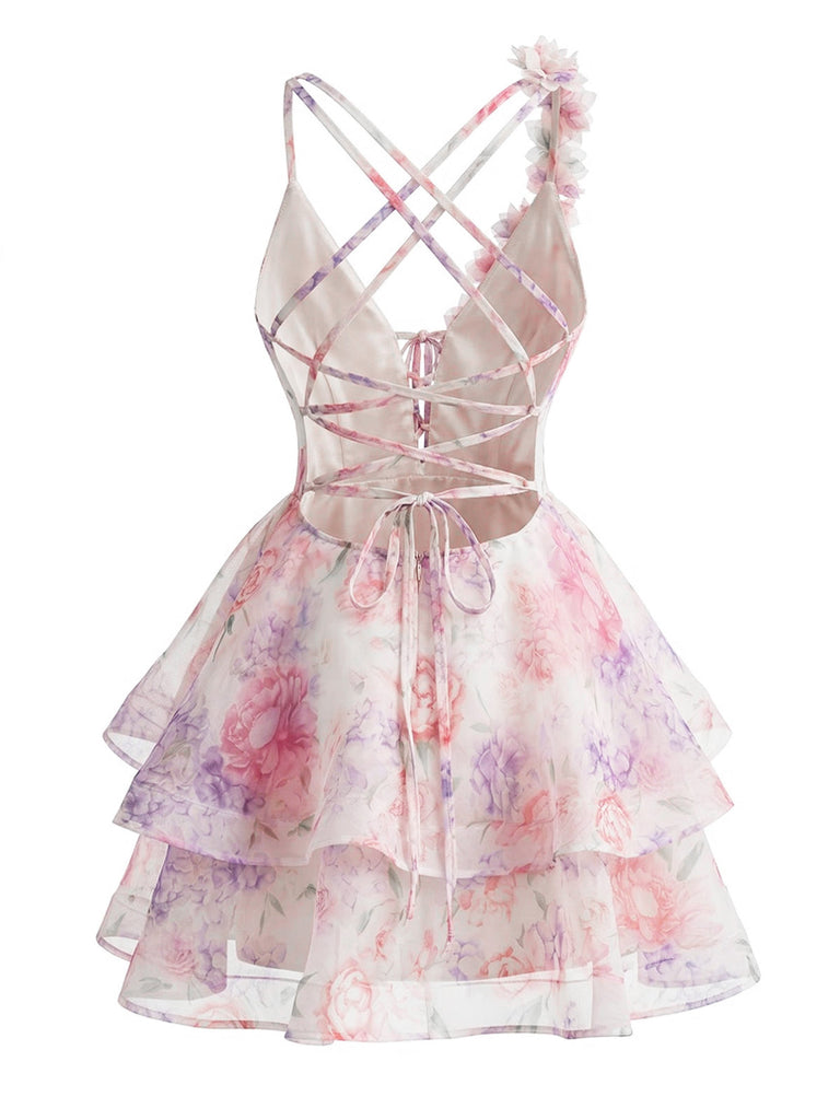 Mini Robe Rose à Décolleté Plongeant Fleurs 3D à Volants et Dos Nu Années '60 3