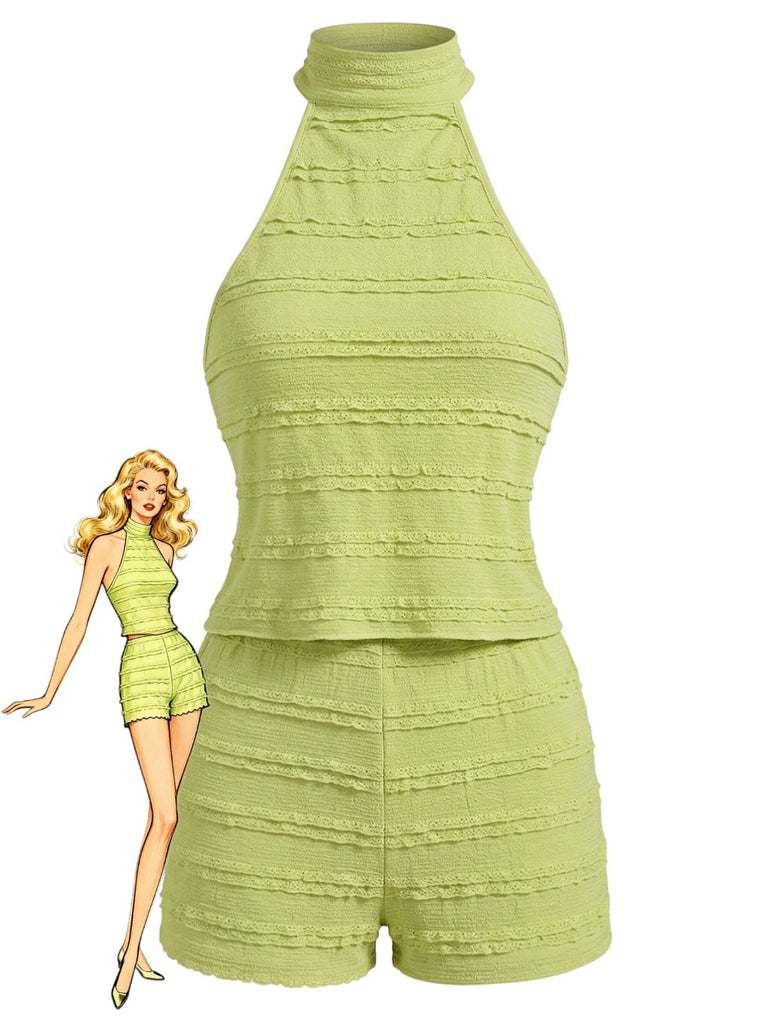Ensemble 2 Pièces 2PCS Vert en Dentelle Trim Halter & Shorts Années 1940