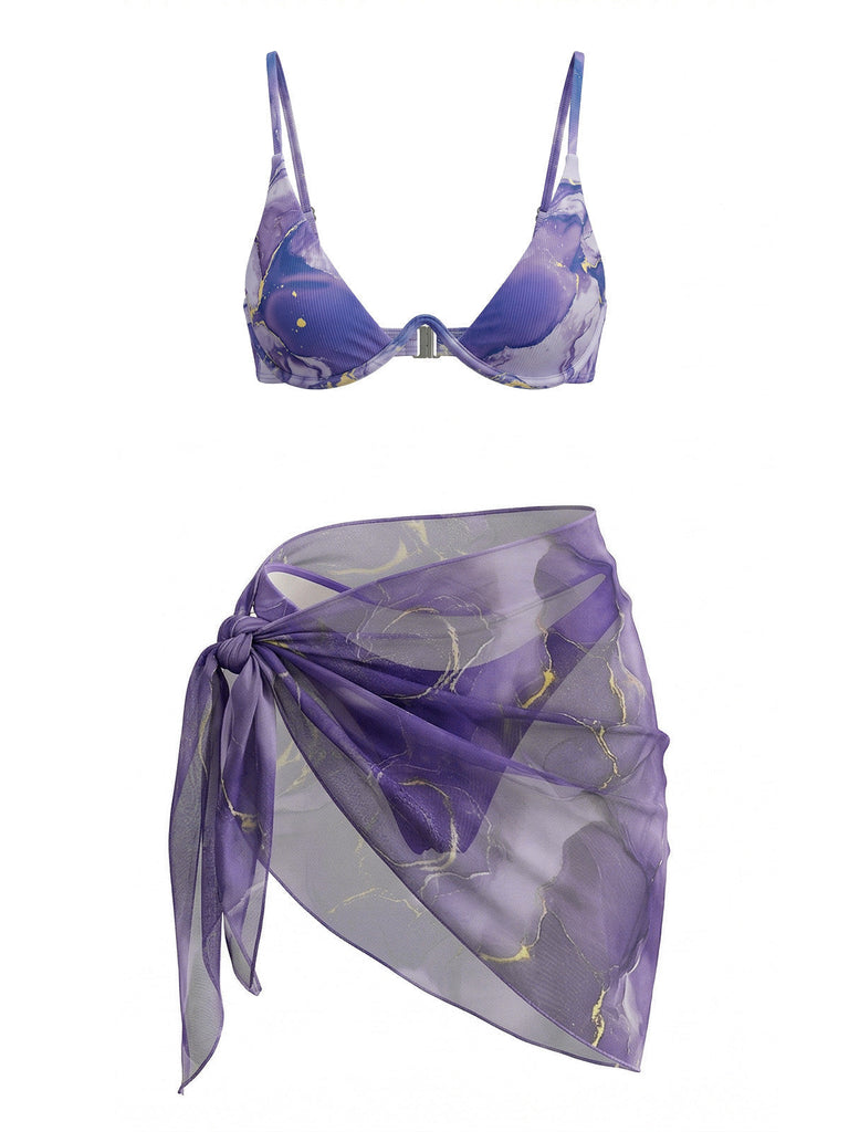 Violet Marbré Triangle Ensemble Bikini & Cache-Maillot Années 1980